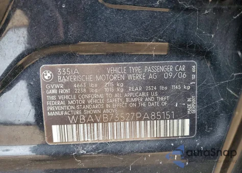 2007 BMW 335 I z USA, uszkodzony, nr VIN WBAVB73527PA85151